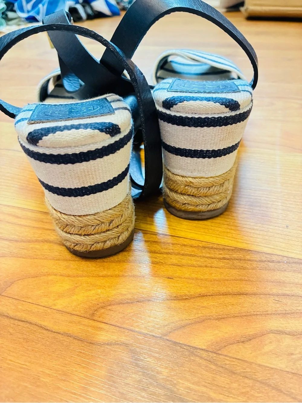 Tory Burch Canvas Stripe Espadrille Platform Wedge Sandals Navy White 8